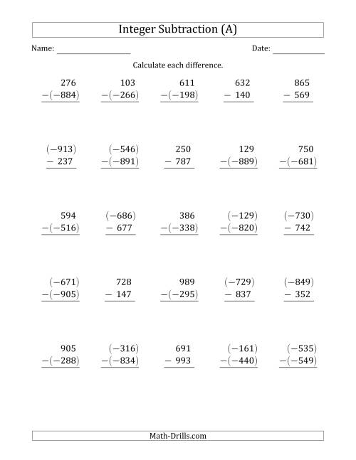The Three-Digit Integer Subtraction (Vertically Arranged) (All) Math Worksheet