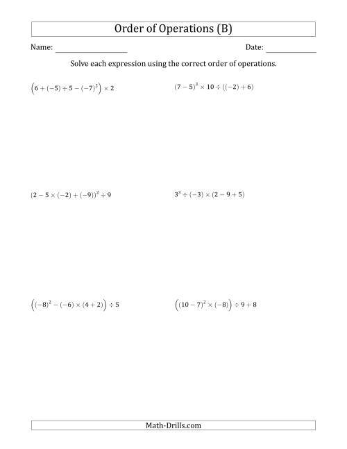 The Order of Operations with Negative and Positive Integers (Five Steps) (B) Math Worksheet