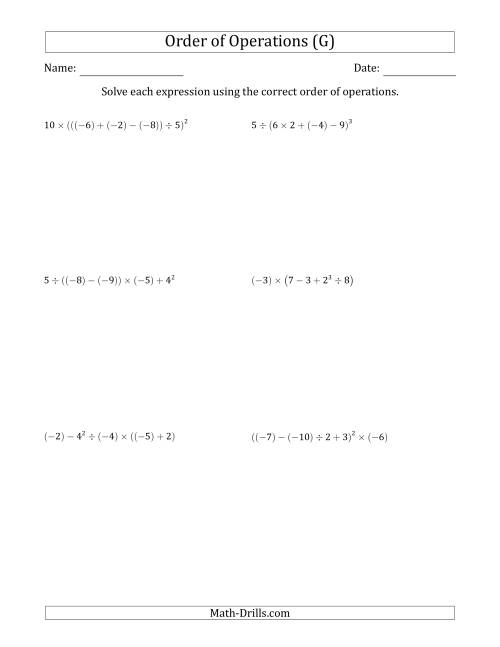 The Order of Operations with Negative and Positive Integers (Five Steps) (G) Math Worksheet