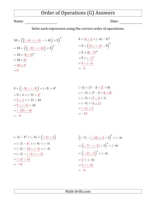 The Order of Operations with Negative and Positive Integers (Five Steps) (G) Math Worksheet Page 2