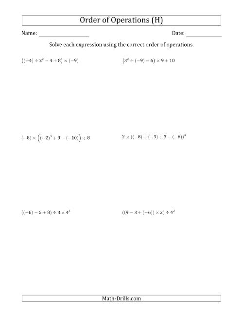 The Order of Operations with Negative and Positive Integers (Five Steps) (H) Math Worksheet