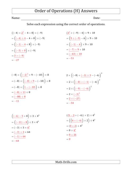 The Order of Operations with Negative and Positive Integers (Five Steps) (H) Math Worksheet Page 2