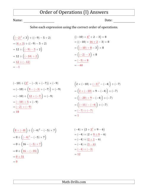 The Order of Operations with Negative and Positive Integers (Five Steps) (I) Math Worksheet Page 2