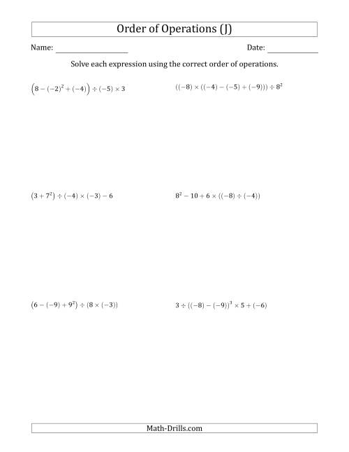 The Order of Operations with Negative and Positive Integers (Five Steps) (J) Math Worksheet