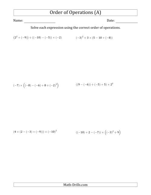 The Order of Operations with Negative and Positive Integers (Five Steps) (All) Math Worksheet