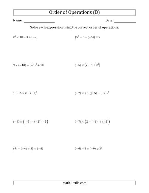 The Order of Operations with Negative and Positive Integers (Four Steps) (B) Math Worksheet