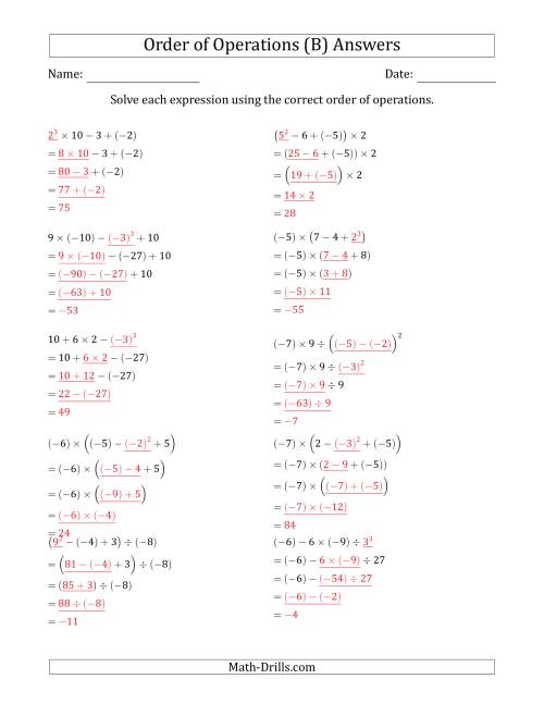 The Order of Operations with Negative and Positive Integers (Four Steps) (B) Math Worksheet Page 2