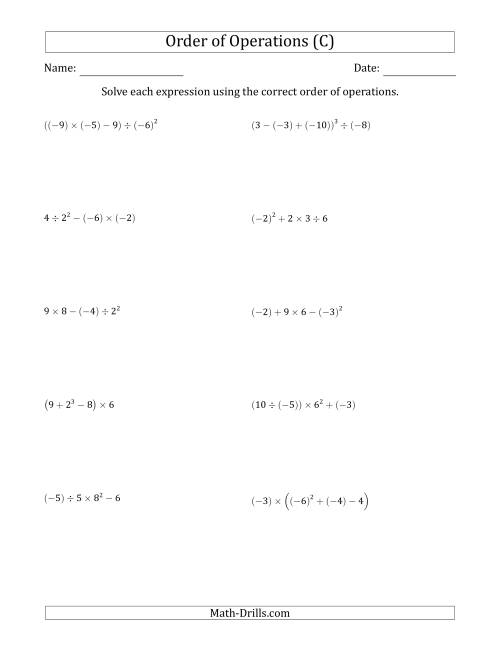 The Order of Operations with Negative and Positive Integers (Four Steps) (C) Math Worksheet
