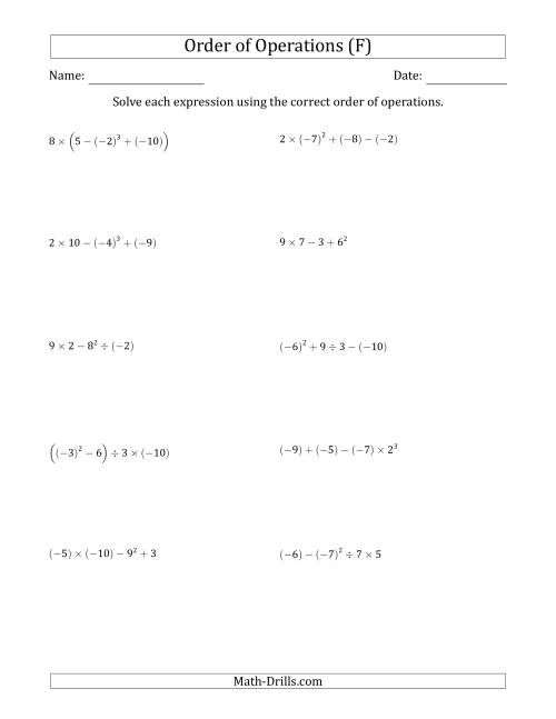 The Order of Operations with Negative and Positive Integers (Four Steps) (F) Math Worksheet
