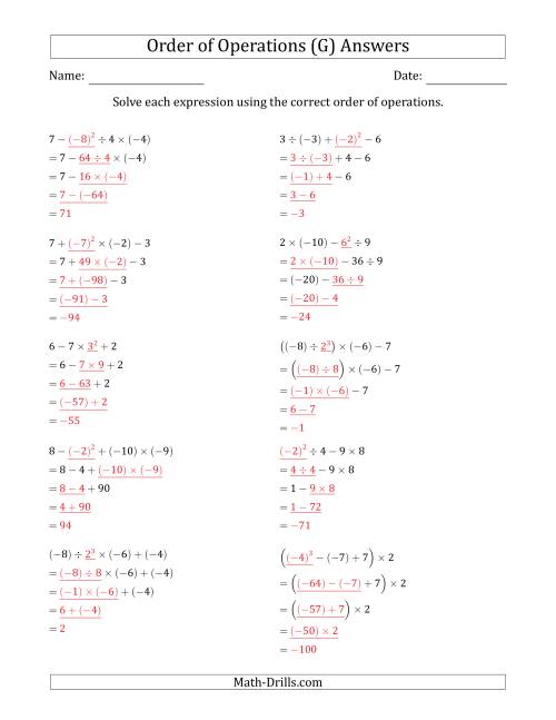 The Order of Operations with Negative and Positive Integers (Four Steps) (G) Math Worksheet Page 2
