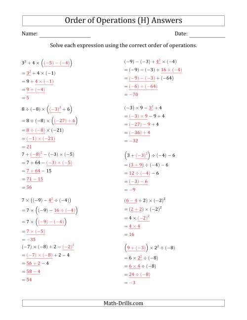 The Order of Operations with Negative and Positive Integers (Four Steps) (H) Math Worksheet Page 2