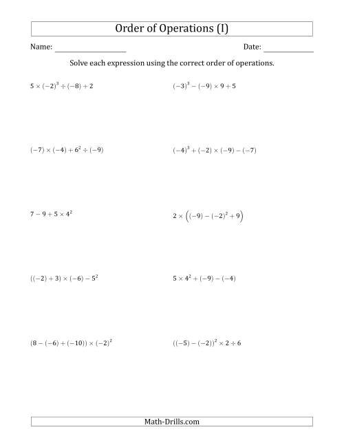 The Order of Operations with Negative and Positive Integers (Four Steps) (I) Math Worksheet