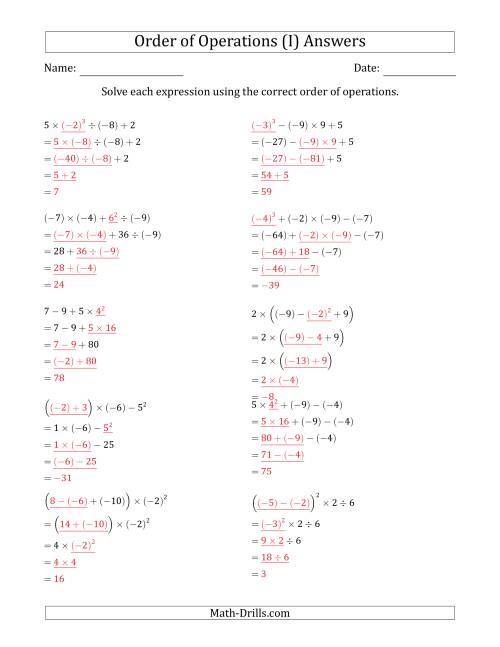The Order of Operations with Negative and Positive Integers (Four Steps) (I) Math Worksheet Page 2