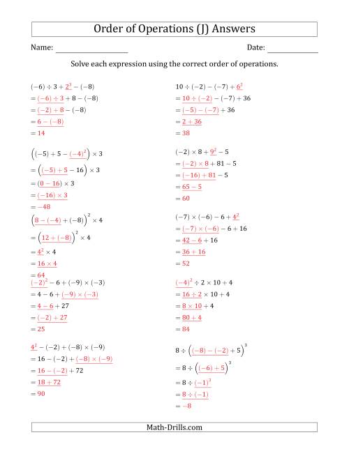 The Order of Operations with Negative and Positive Integers (Four Steps) (J) Math Worksheet Page 2