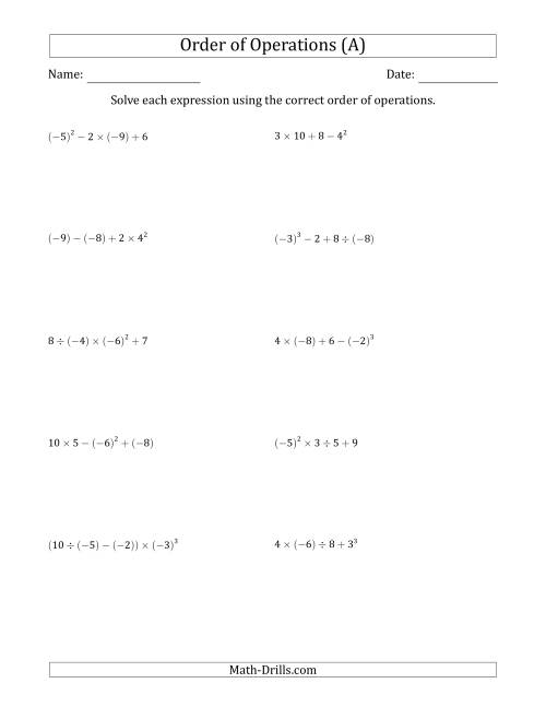 The Order of Operations with Negative and Positive Integers (Four Steps) (All) Math Worksheet