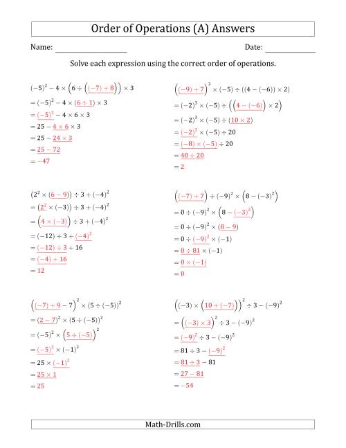 The Order of Operations with Negative and Positive Integers (Six Steps) (A) Math Worksheet Page 2