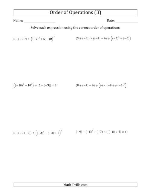 The Order of Operations with Negative and Positive Integers (Six Steps) (B) Math Worksheet