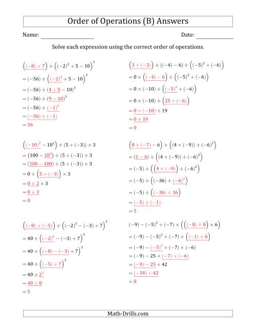 The Order of Operations with Negative and Positive Integers (Six Steps) (B) Math Worksheet Page 2