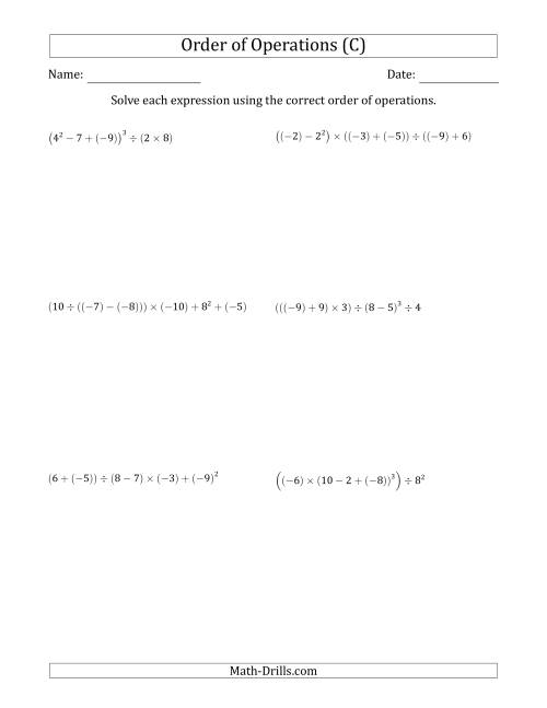The Order of Operations with Negative and Positive Integers (Six Steps) (C) Math Worksheet