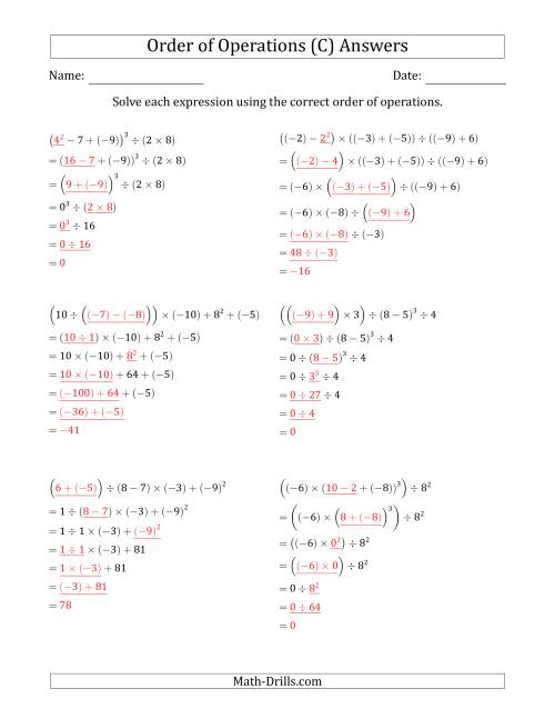 The Order of Operations with Negative and Positive Integers (Six Steps) (C) Math Worksheet Page 2
