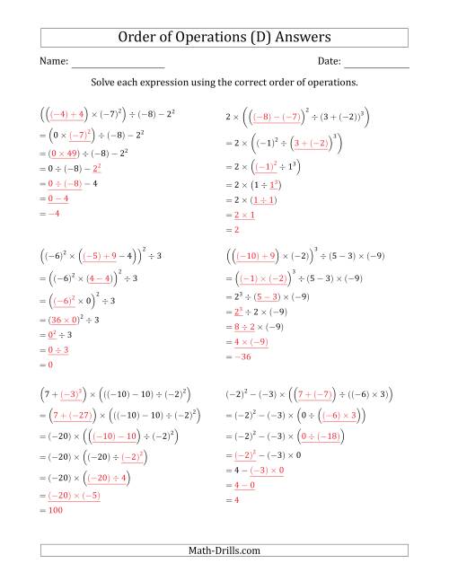 The Order of Operations with Negative and Positive Integers (Six Steps) (D) Math Worksheet Page 2