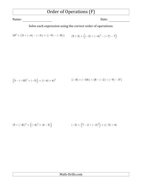 The Order of Operations with Negative and Positive Integers (Six Steps) (F) Math Worksheet