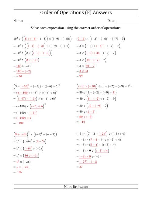 The Order of Operations with Negative and Positive Integers (Six Steps) (F) Math Worksheet Page 2