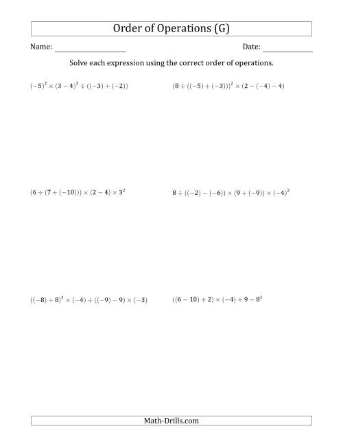 The Order of Operations with Negative and Positive Integers (Six Steps) (G) Math Worksheet