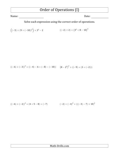 The Order of Operations with Negative and Positive Integers (Six Steps) (I) Math Worksheet