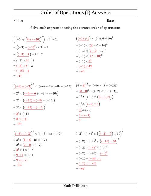 The Order of Operations with Negative and Positive Integers (Six Steps) (I) Math Worksheet Page 2