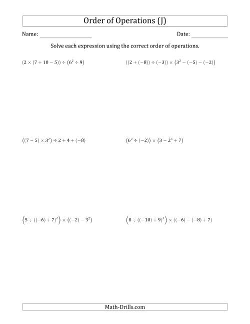The Order of Operations with Negative and Positive Integers (Six Steps) (J) Math Worksheet