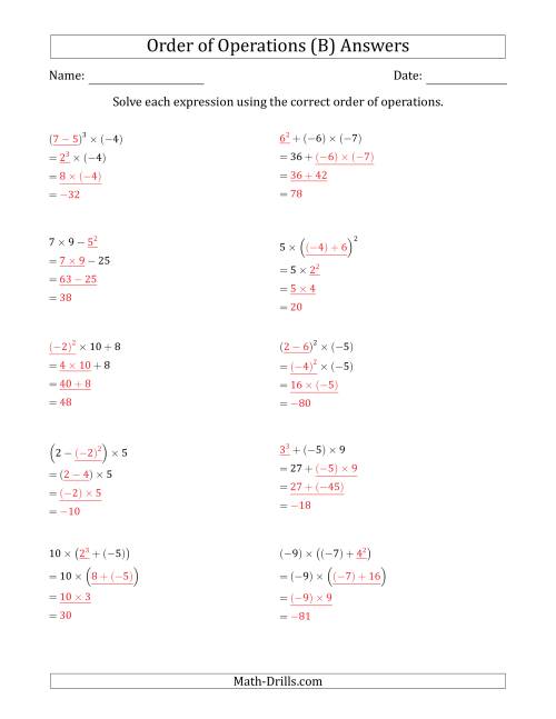 The Order of Operations with Negative and Positive Integers (Three Steps) (B) Math Worksheet Page 2