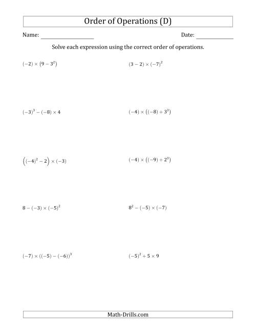 The Order of Operations with Negative and Positive Integers (Three Steps) (D) Math Worksheet