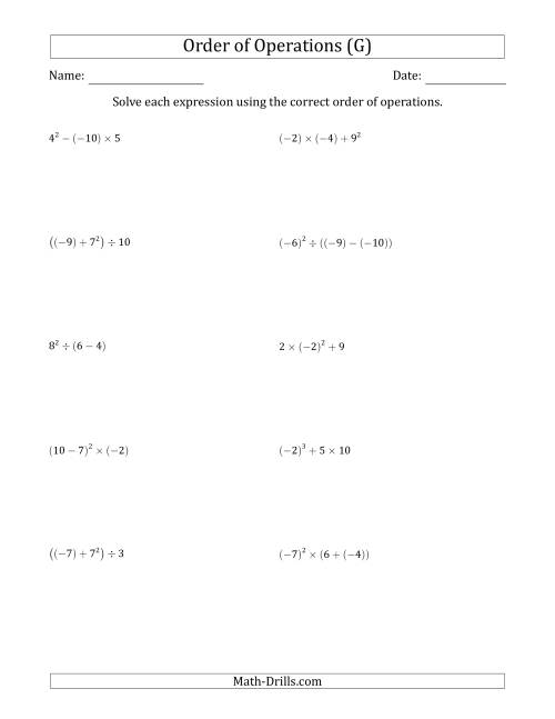 The Order of Operations with Negative and Positive Integers (Three Steps) (G) Math Worksheet