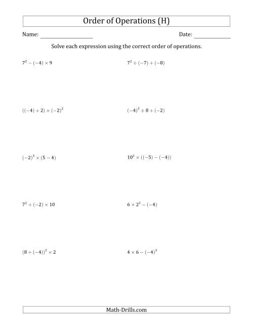 The Order of Operations with Negative and Positive Integers (Three Steps) (H) Math Worksheet