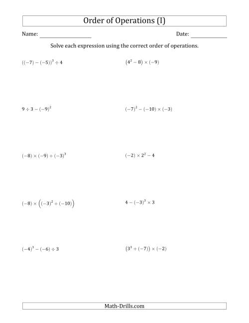 The Order of Operations with Negative and Positive Integers (Three Steps) (I) Math Worksheet
