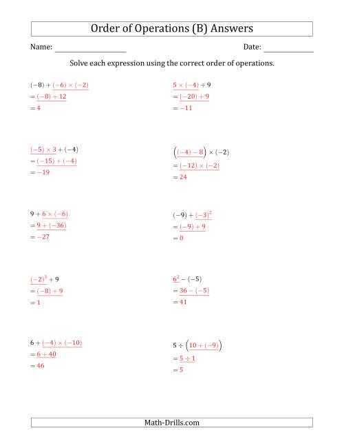 The Order of Operations with Negative and Positive Integers (Two Steps) (B) Math Worksheet Page 2