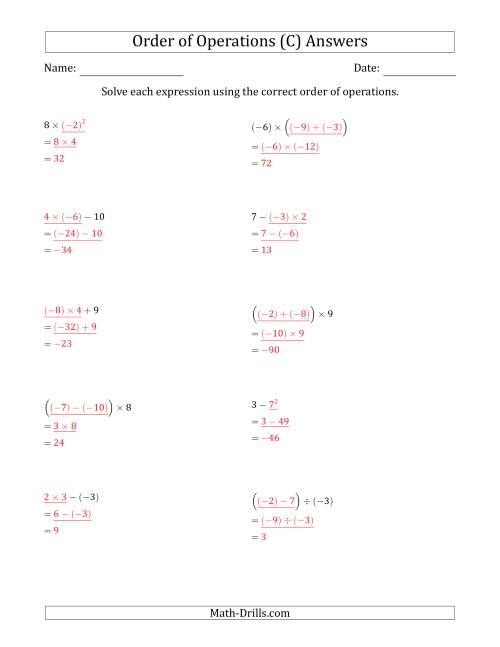 The Order of Operations with Negative and Positive Integers (Two Steps) (C) Math Worksheet Page 2