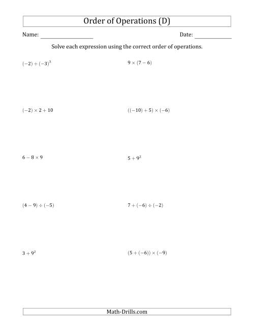 The Order of Operations with Negative and Positive Integers (Two Steps) (D) Math Worksheet