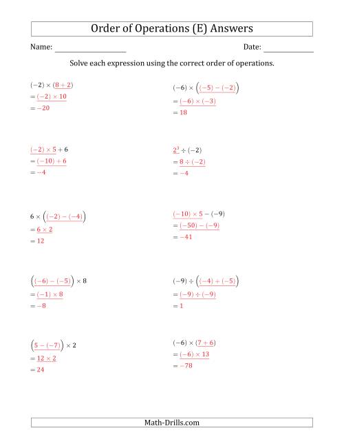 The Order of Operations with Negative and Positive Integers (Two Steps) (E) Math Worksheet Page 2