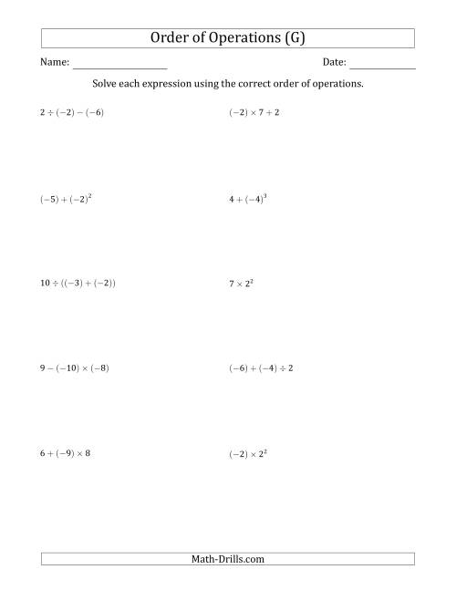 The Order of Operations with Negative and Positive Integers (Two Steps) (G) Math Worksheet