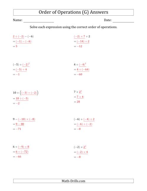 The Order of Operations with Negative and Positive Integers (Two Steps) (G) Math Worksheet Page 2