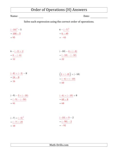 The Order of Operations with Negative and Positive Integers (Two Steps) (H) Math Worksheet Page 2