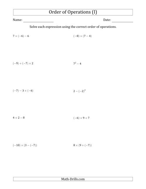 The Order of Operations with Negative and Positive Integers (Two Steps) (I) Math Worksheet