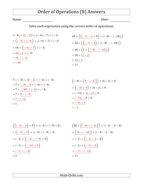 The Order of Operations with Negative and Positive Integers and No Exponents (Five Steps) (B) Math Worksheet Page 2