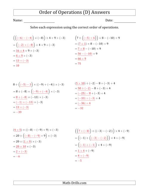 The Order of Operations with Negative and Positive Integers and No Exponents (Five Steps) (D) Math Worksheet Page 2