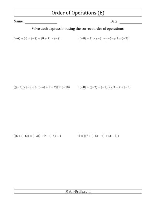 The Order of Operations with Negative and Positive Integers and No Exponents (Five Steps) (E) Math Worksheet