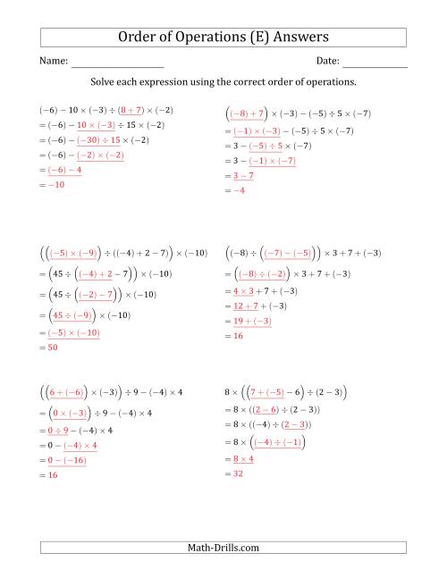 The Order of Operations with Negative and Positive Integers and No Exponents (Five Steps) (E) Math Worksheet Page 2