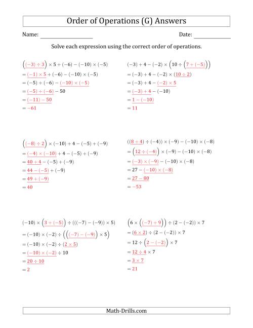 The Order of Operations with Negative and Positive Integers and No Exponents (Five Steps) (G) Math Worksheet Page 2