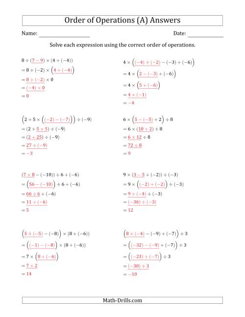 The Order of Operations with Negative and Positive Integers and No Exponents (Four Steps) (A) Math Worksheet Page 2
